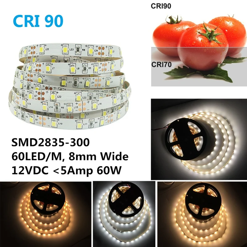 High CRI 90 LED Strips, Flexible 5M LED Strips, SMD2835-300 60 LEDs Per Meter 8mm Wide Tape