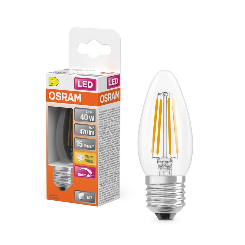 OSRAM LED Lampe LED Rétrofit CLASSIC B DIM 4.8W 827 Clair E27, 470 lm, 2700 K, Blanc chaud