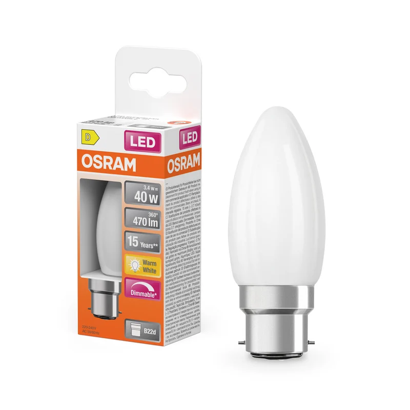OSRAM LED Lampe LED Rétrofit CLASSIC B DIM 4.8W 82 Givré B22d, 470 lm, 2700 K, Blanc chaud