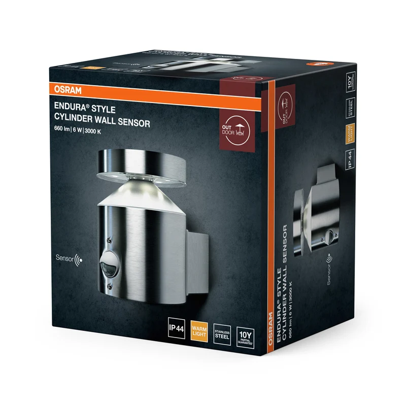 OSRAM lampe murale et plafonnier LED, lampe pour applications extérieures, capteur de mouvement intégré, capteur jour-nuit, blanc chaud, 150,0 mm x 102,0 mm x 135,0 mm, ENDURA STYLE CYLINDER