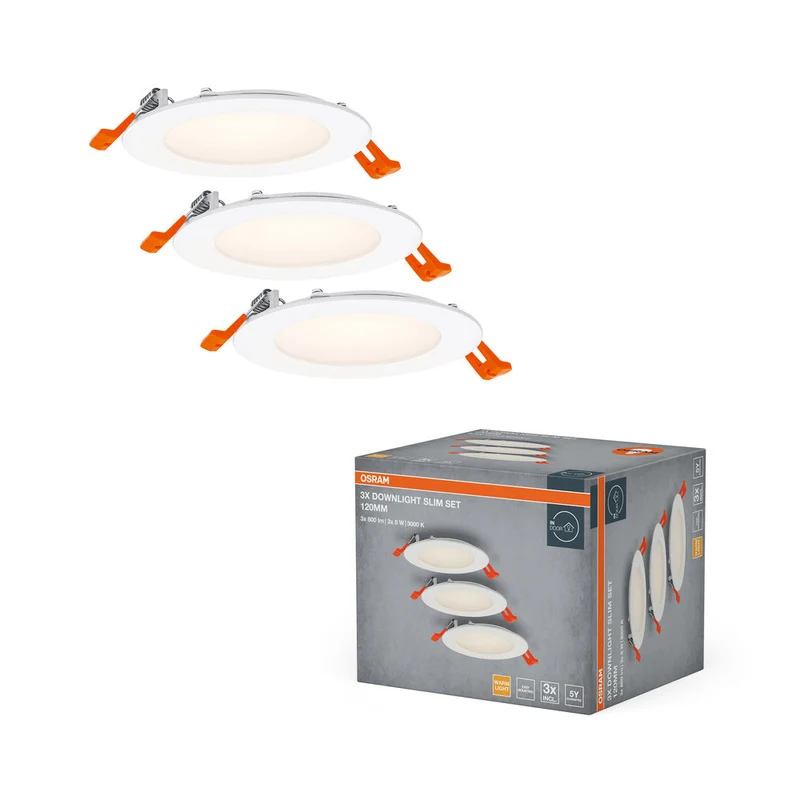 OSRAM Spot encastrable blanc, downlight slim avec pilote intégré, Ø 120 mm, couleur de lumière blanc chaud (3000K), 8W, IP20, pack de 3