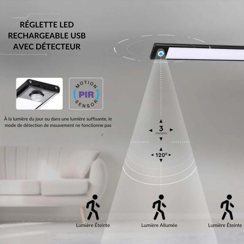 Réglette LED Rechargeable USB 60cm 2,5W Noire avec Détecteur de mouvement