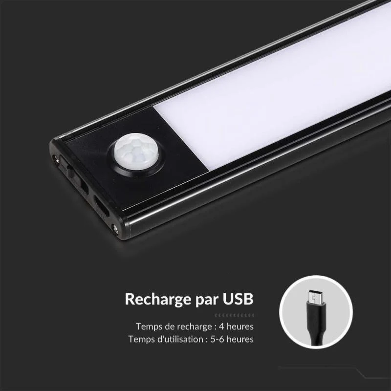 Réglette LED Rechargeable USB 40cm 2W Noire avec Détecteur de mouvement