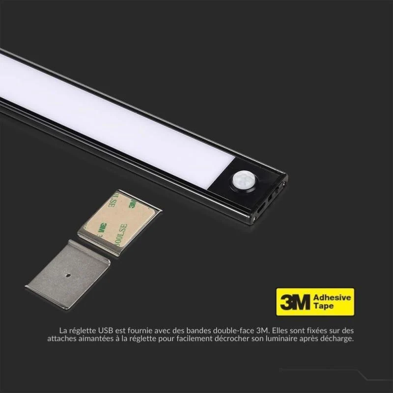 Réglette LED Rechargeable USB 40cm 2W Noire avec Détecteur de mouvement