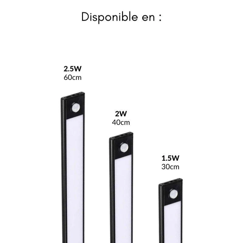 Réglette LED Rechargeable USB 30cm 1,5W Noire avec Détecteur de mouvement