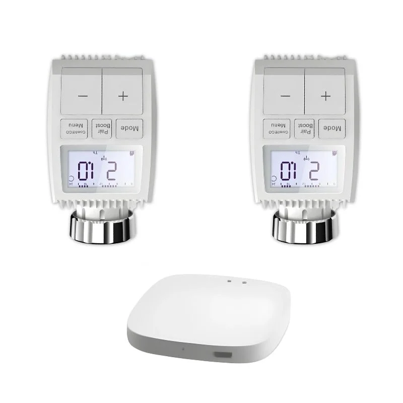 Kit de 2 Têtes Thermostatiques Connectées Universelle avec Ecran LCD + Passerelle ZigBee