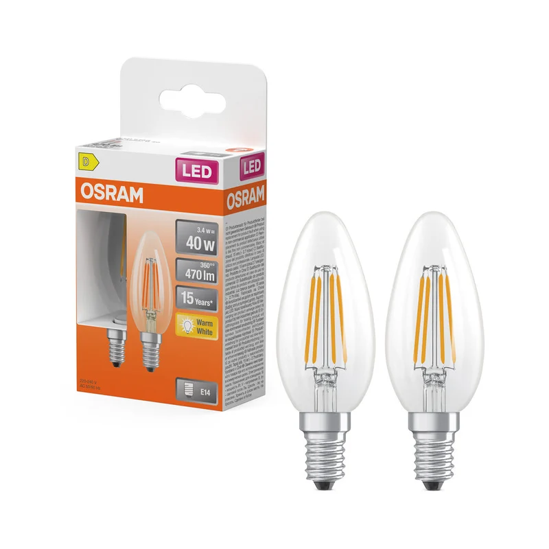 OSRAM ampoules LED, forme classique de mini bougies, remplacement 40 watts, E14, forme B, 2700 kelvins, blanc chaud, verre clair, lot de 2