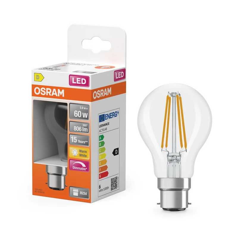 OSRAM LED Lampe LED Rétrofit CLASSIC A DIM 7W 827 Clair B22d, 806 lm, 2700 K, Blanc chaud