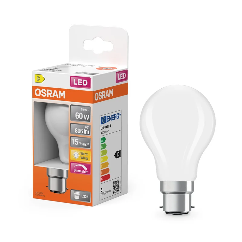 OSRAM Lampe LED Rétrofit CLASSIC A DIM 7W 827 Givré B22d, 806 lm, 2700 K, Blanc chaud