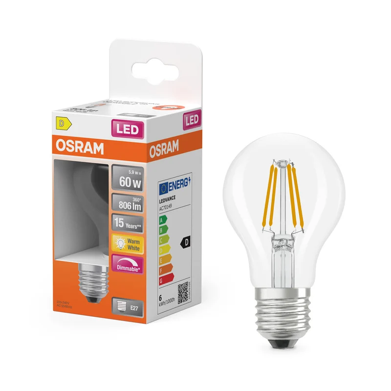 OSRAM Lampes LED dimmables - forme classique en ampoule, remplacement 60 Watts, E27, forme A, 2700 Kelvin, blanc chaud, verre clair, paquet simple