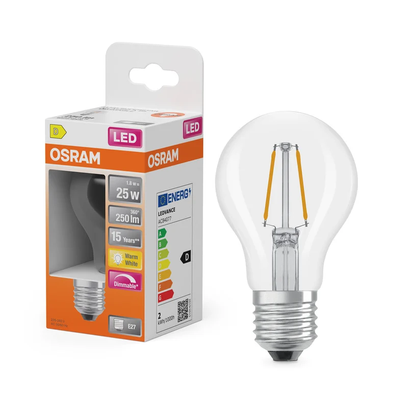 OSRAM LED Lampe LED Rétrofit CLASSIC A DIM 2.2W 827 Clair E27, 250 lm, 2700 K, Blanc chaud