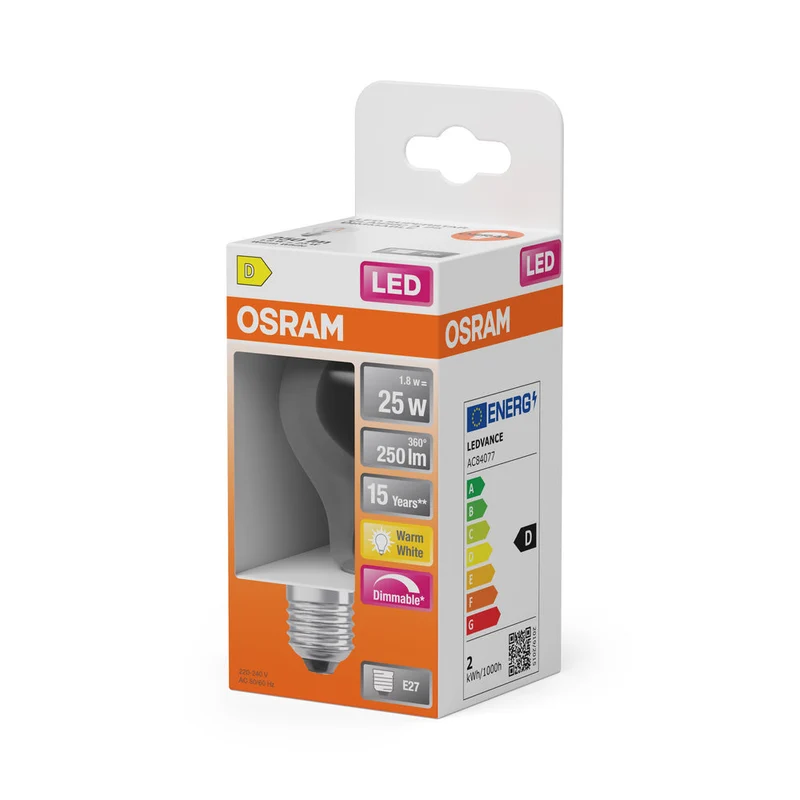 OSRAM LED Lampe LED Rétrofit CLASSIC A DIM 2.2W 827 Clair E27, 250 lm, 2700 K, Blanc chaud