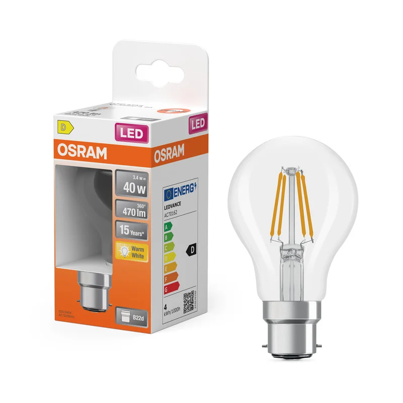OSRAM LED Lampe LED Rétrofit CLASSIC A 4W 827 Clair B22d, 470 lm, 2700 K, Blanc chaud