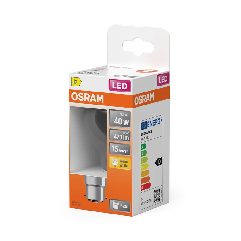 OSRAM LED Lampe LED Rétrofit CLASSIC A 4W 827 Clair B22d, 470 lm, 2700 K, Blanc chaud