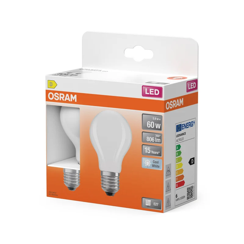 OSRAM LED Lampe LED Rétrofit CLASSIC A 6.5W 840 Givré E27, 806 lm, 4000 K, Blanc froid, Pack de 2