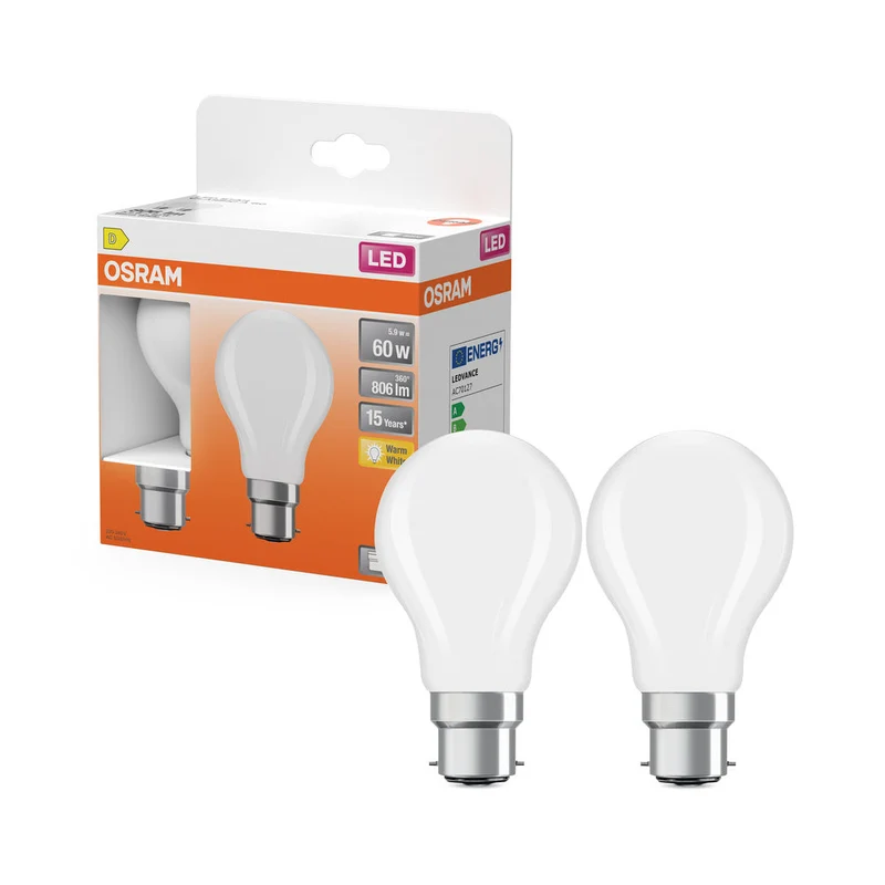 OSRAM LED Lampe LED Rétrofit CLASSIC A 6.5W 827 Givré B22d Pack de 2, 806 lm, 2700 K, Blanc chaud, Pack de 2