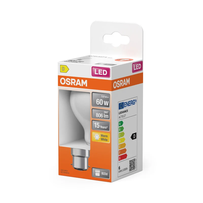 OSRAM LED Lampe LED Rétrofit CLASSIC A 6.5W 827 Givré B22d, 806 lm, 2700 K, Blanc chaud