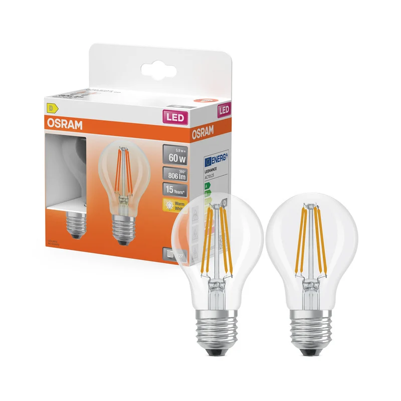 OSRAM ampoules LED, forme classique en ampoule, remplacement 60 watts, E27, forme A, 2700 kelvins, blanc chaud, verre clair, lot de 2