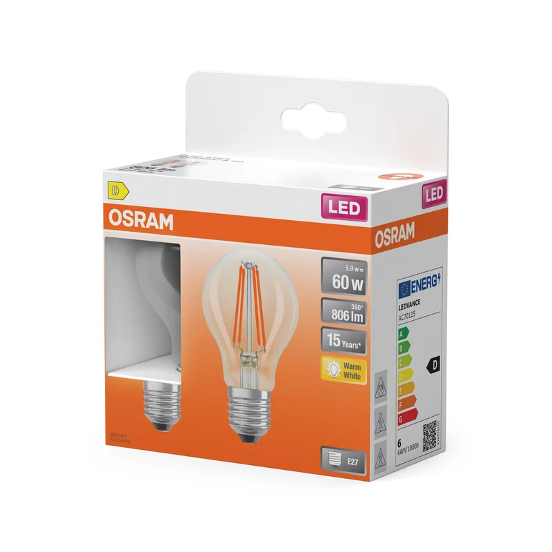 OSRAM ampoules LED, forme classique en ampoule, remplacement 60 watts, E27, forme A, 2700 kelvins, blanc chaud, verre clair, lot de 2