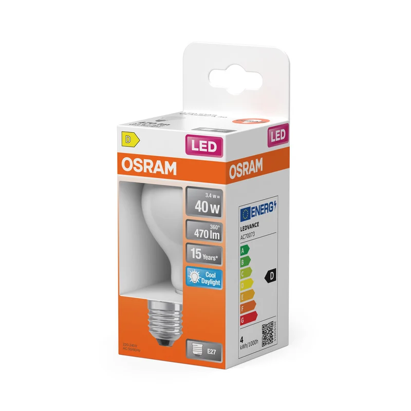 OSRAM LED Lampe LED Rétrofit CLASSIC A 4W 865 Givré E27, 470 lm, 6500 K, Lumière du jour froide