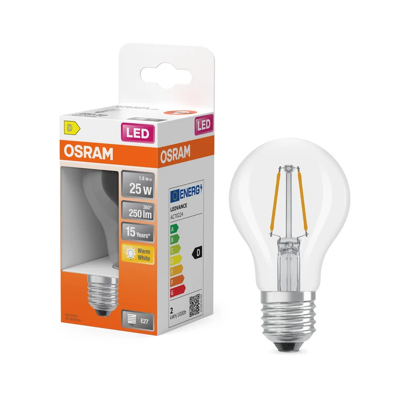 OSRAM LED Lampe LED Rétrofit CLASSIC A 2.5W 827 Clair E27, 250 lm, 2700 K, Blanc chaud