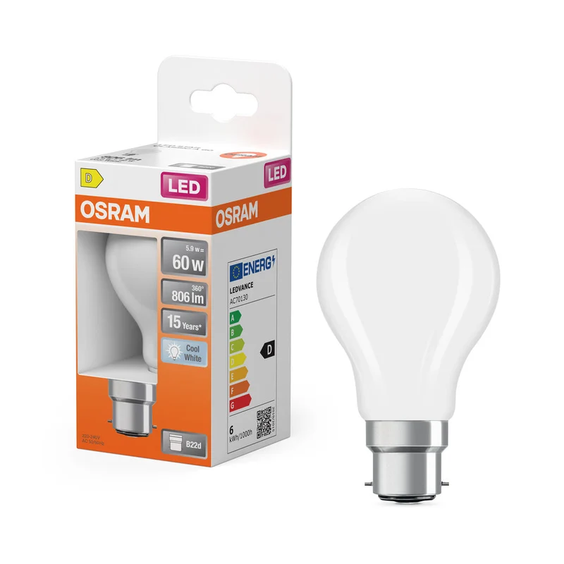 OSRAM LED Lampe LED Rétrofit CLASSIC A 6.5W 840 Givré B22d, 806 lm, 4000 K, Blanc froid