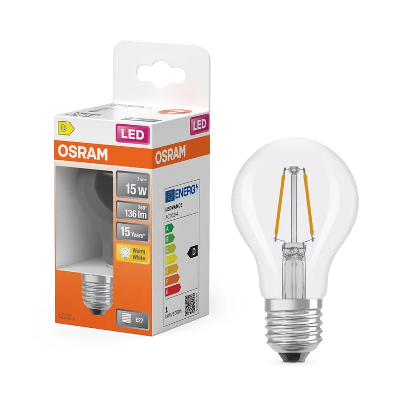 OSRAM LED Rétrofit Classic A Lampe claire (ex 15W) 1,5W / 2700K Blanc chaud E27