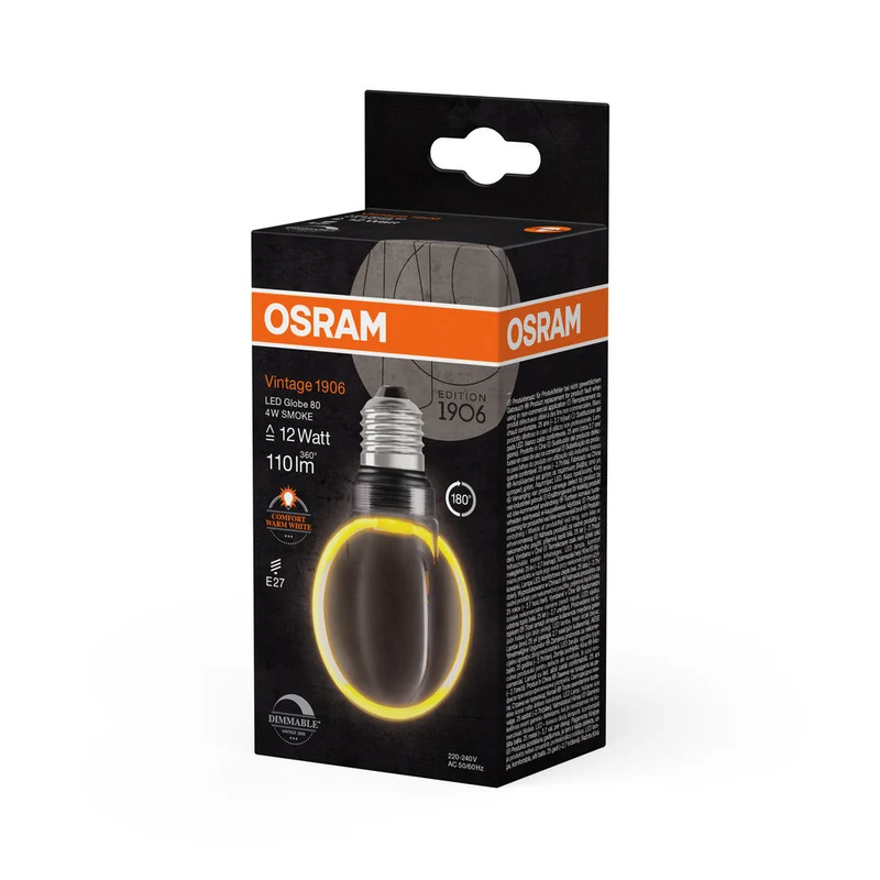 Lampe LED OSRAM VINTAGE 1906® LED CLASSIC GLOBE80 O-Form FILAMENT 4W 818 Fumée E27, 110 lm, 1800 K, Blanc chaud confort