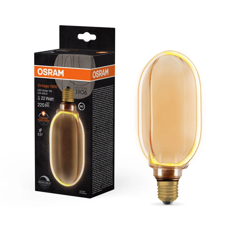 Lampe LED OSRAM VINTAGE 1906® LED CLASSIC GLOBE100 O-Form FILAMENT 4W 818 Gold E27, 220 lm, 1800 K, Blanc chaud confort