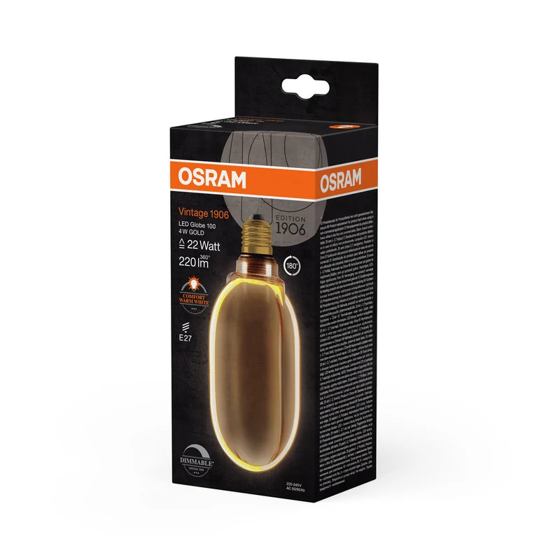 Lampe LED OSRAM VINTAGE 1906® LED CLASSIC GLOBE100 O-Form FILAMENT 4W 818 Gold E27, 220 lm, 1800 K, Blanc chaud confort