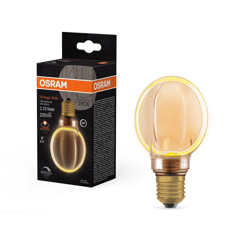 Lampe LED OSRAM VINTAGE 1906® LED CLASSIC GLOBE80 O-Form FILAMENT 4W 818 Gold E27, 220 lm, 1800 K, Blanc chaud confort