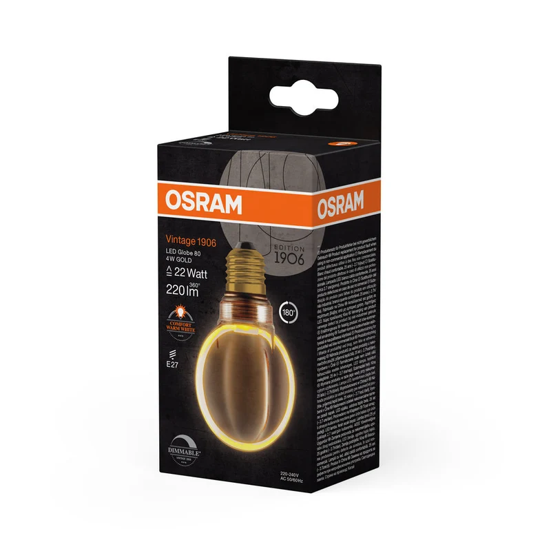 Lampe LED OSRAM VINTAGE 1906® LED CLASSIC GLOBE80 O-Form FILAMENT 4W 818 Gold E27, 220 lm, 1800 K, Blanc chaud confort