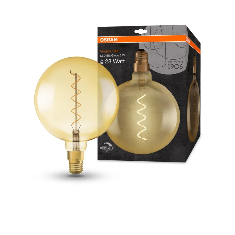Lampe LED OSRAM VINTAGE 1906® LED CLASSIC Globe Dimmable 4W 820 Gold E27 Douille Argent, 300 lm, 2000 K, Lumière Chaude et Confortable