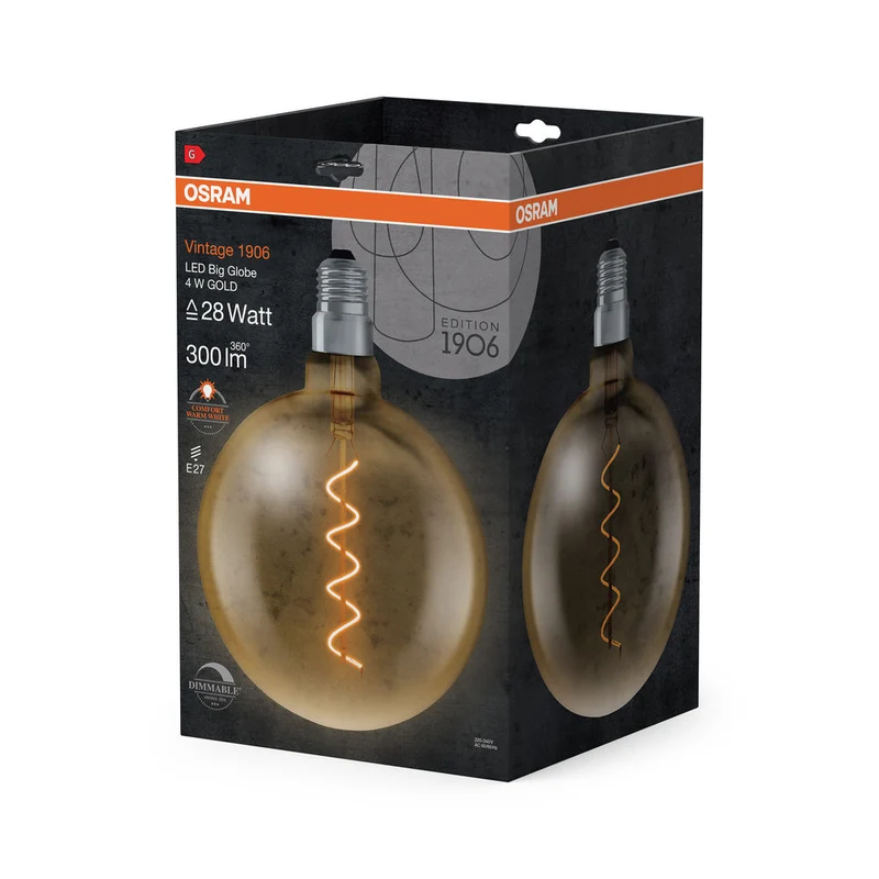 Lampe LED OSRAM VINTAGE 1906® LED CLASSIC Globe Dimmable 4W 820 Gold E27 Douille Argent, 300 lm, 2000 K, Lumière Chaude et Confortable