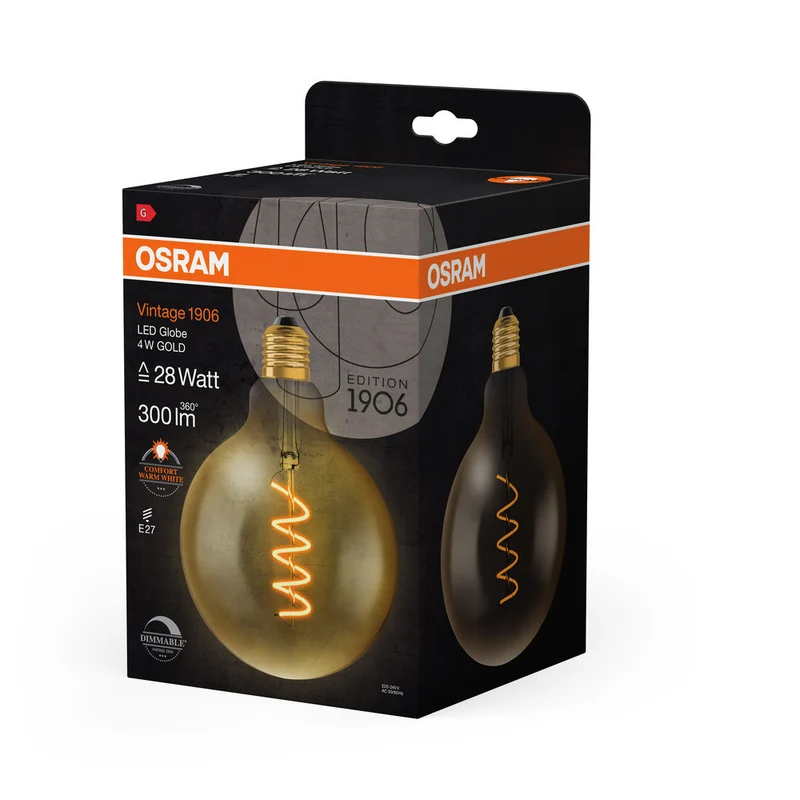 Lampe LED OSRAM VINTAGE 1906® LED CLASSIC Globe Dimmable 4W 820 Gold E27 Culot doré, 300 lm, 2000 K, Blanc chaud confort