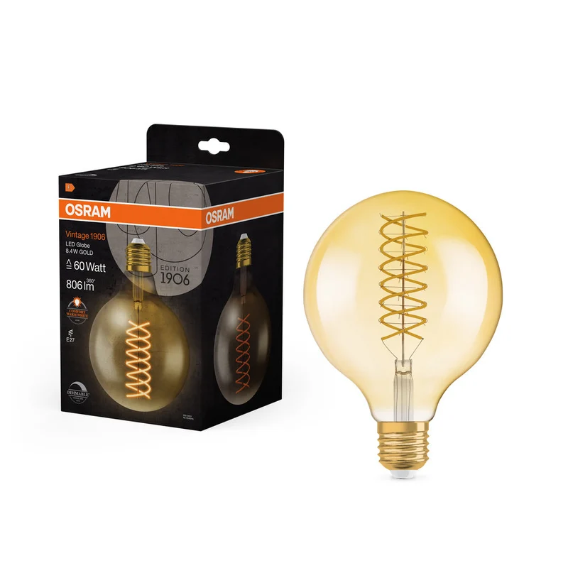Lampe LED OSRAM VINTAGE 1906® LED CLASSIC Globe Dimmable 8,8 W 824 Gold E27, 806 lm, 2400 K, Blanc chaud confort