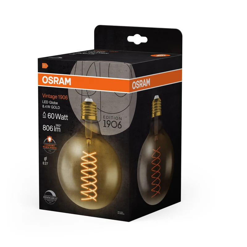 Lampe LED OSRAM VINTAGE 1906® LED CLASSIC Globe Dimmable 8,8 W 824 Gold E27, 806 lm, 2400 K, Blanc chaud confort