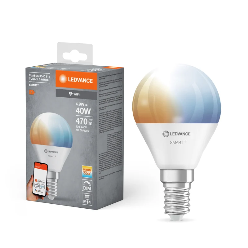 Ampoule LEDVANCE SMART+ Wifi Mini TW FR E14 4,9 W 470 lm, 2 700…6 500 K, blanc réglable