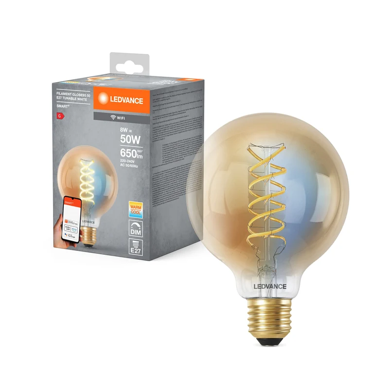 Ampoule LED Globe95 à filament Wifi SMART+ LEDVANCE E27 8 W 600 lm, 2 200…5 000 K, blanc réglable