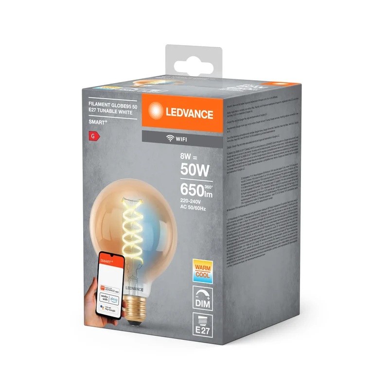 Ampoule LED Globe95 à filament Wifi SMART+ LEDVANCE E27 8 W 600 lm, 2 200…5 000 K, blanc réglable