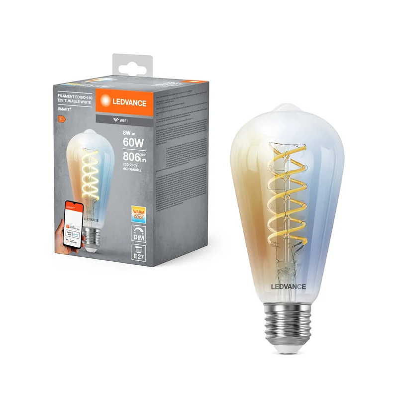 Ampoule LED Edison à filament LEDVANCE SMART+ Wifi E27 8 W 806 lm, 2 700…6 500 K, blanc réglable
