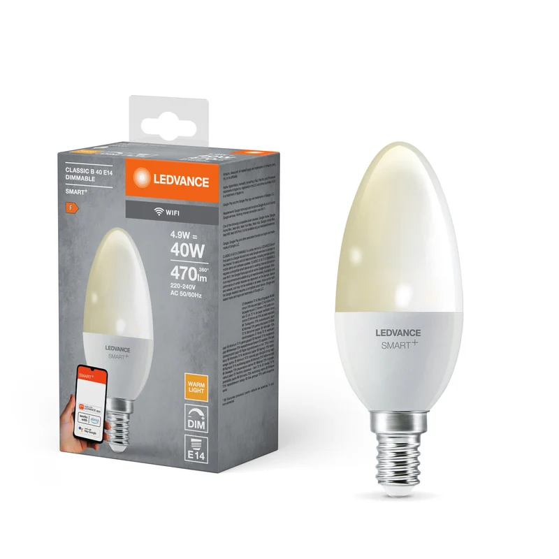 Lampe LED Bougie Wifi LEDVANCE SMART+ Dimmable DIM FR E14 4,9 W, 470 lm, 2700 K, Blanc Chaud