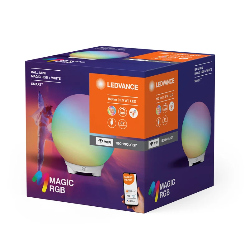 Lampe de table LEDVANCE SMART+ Wifi BALL Moodlight MAGIC RGB Mini RGBW USB, 130 lm, 2200 ... 6500 K, Blanc réglable|RGB