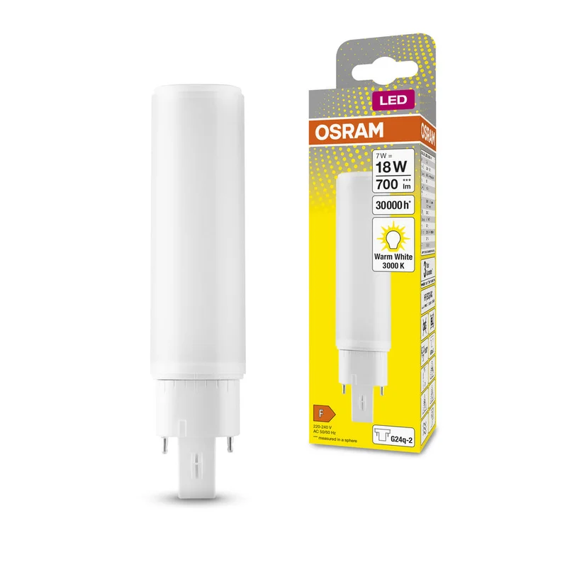 Lampe LED OSRAM DULUX LED D/E HF & AC MAINS 7W 830 G24Q-2, 700 lm, 3000 K, blanc chaud