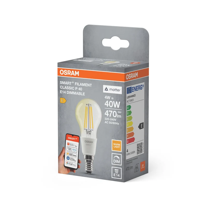 OSRAM Matter SMART+ Ampoule LED connectée, forme classique, 4W, 2700K, blanc chaud, E14