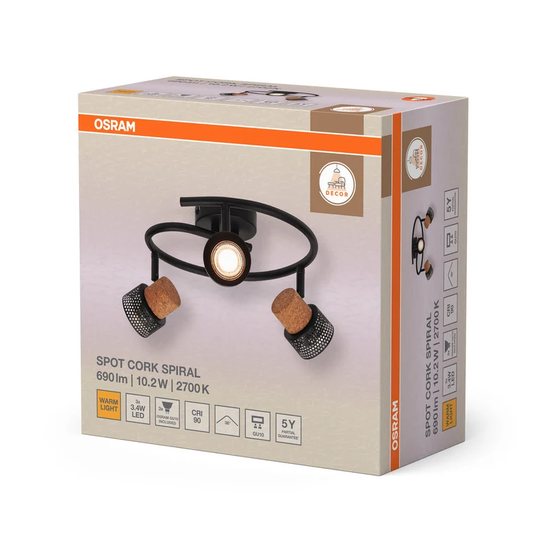 OSRAM SPOT DÉCOR CORK Spiral Plafonnier, 3 x 3,4W, 690lm, noir