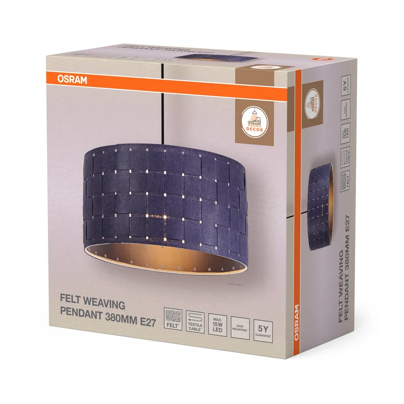 OSRAM DECOR Suspension Décor Tissage en feutre gris, E27, 380 mm