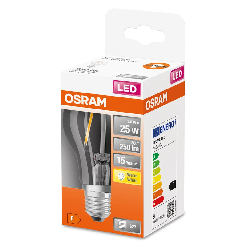 Lampe LED OSRAM LED Retrofit CLASSIC A 2,5W 827 Clear E27, 250 lm, 2700 K, blanc chaud
