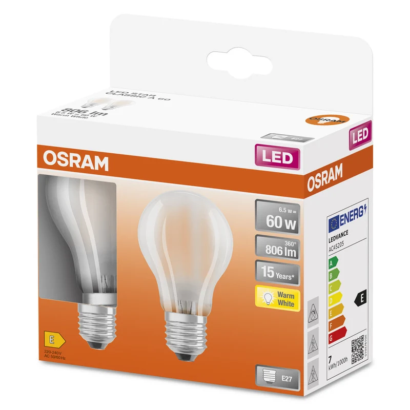 Lampe LED OSRAM LED Retrofit CLASSIC A 6,5W 827 Frosted E27, 806 lm, 2700 K, blanc chaud, lot de 2