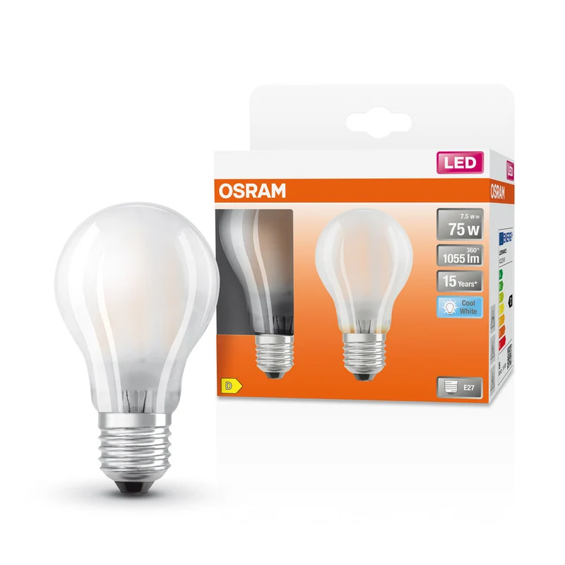 Lampe LED OSRAM LED Retrofit CLASSIC A 7,5 W 840 Frosted E27 Lot de 2, 1055 lm, 4000 K, blanc froid